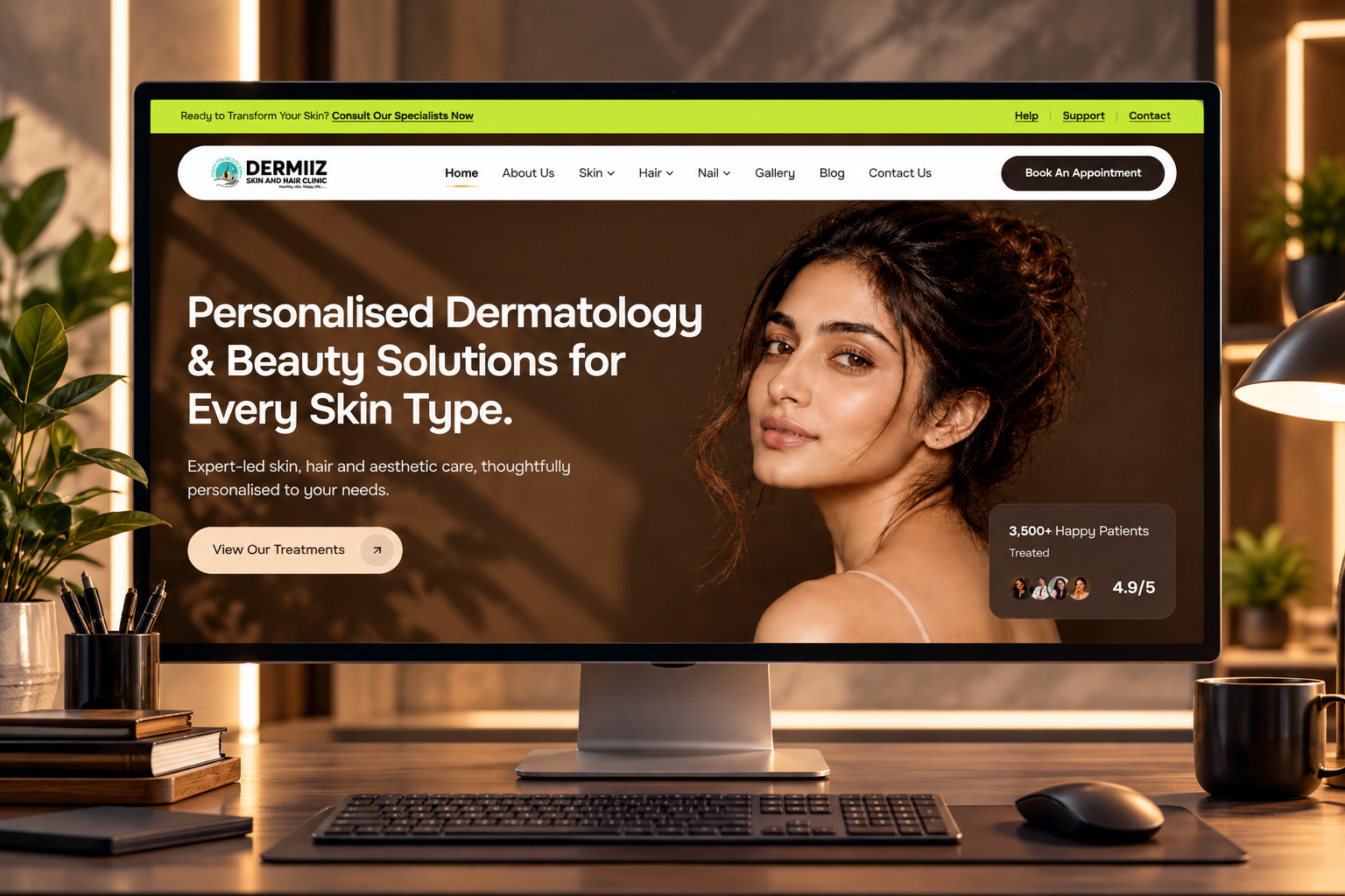 DermiiZ Skin and Hair Clinic website shown on a desktop monitor